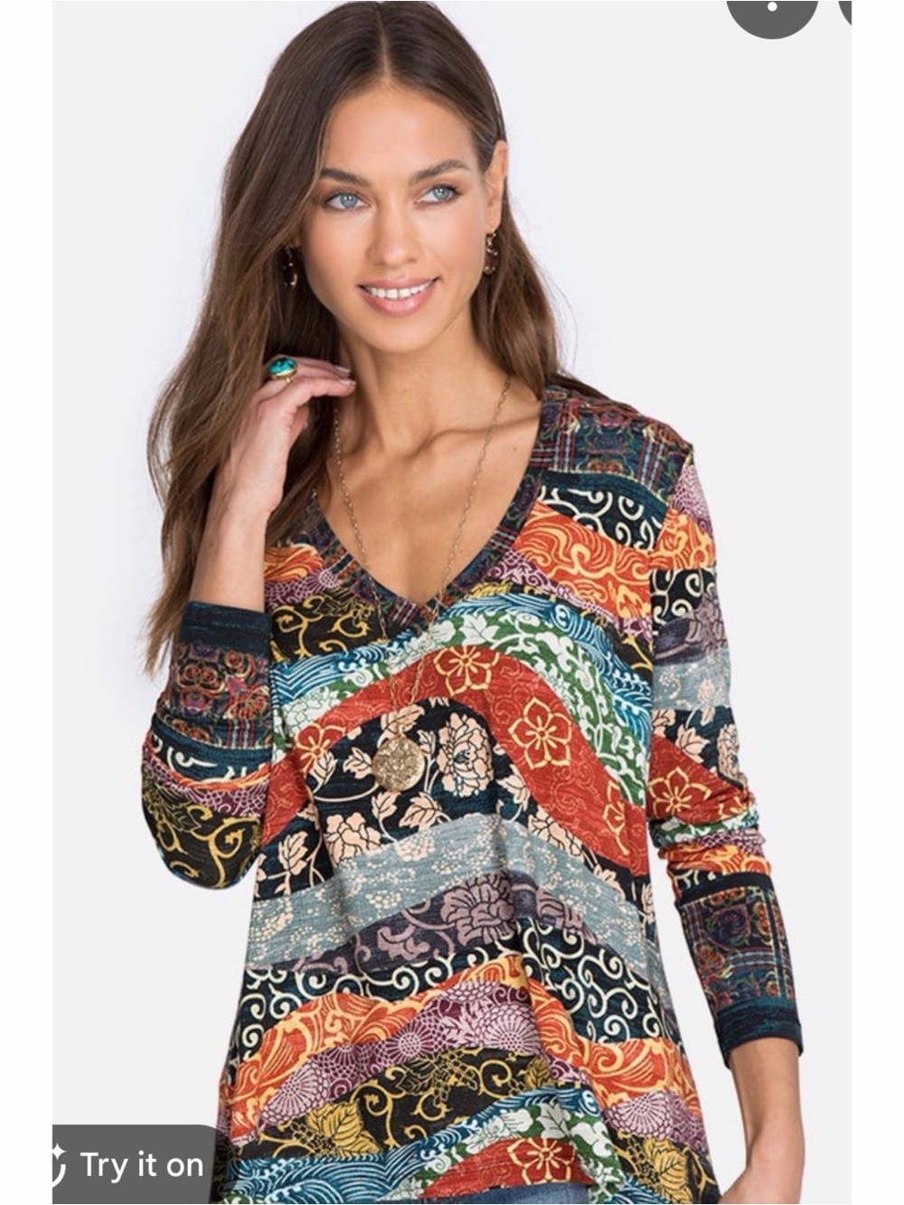 Johnny Was Yokohama Favorite 3/4 Sleeve V-neck Swing Tee Multicolored Prints
